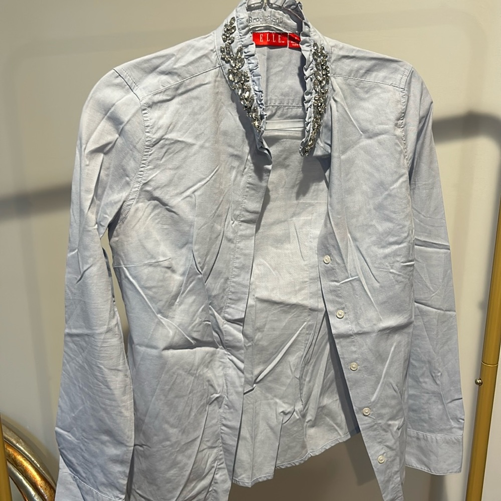 Blue chambray rhinestone dress shirt